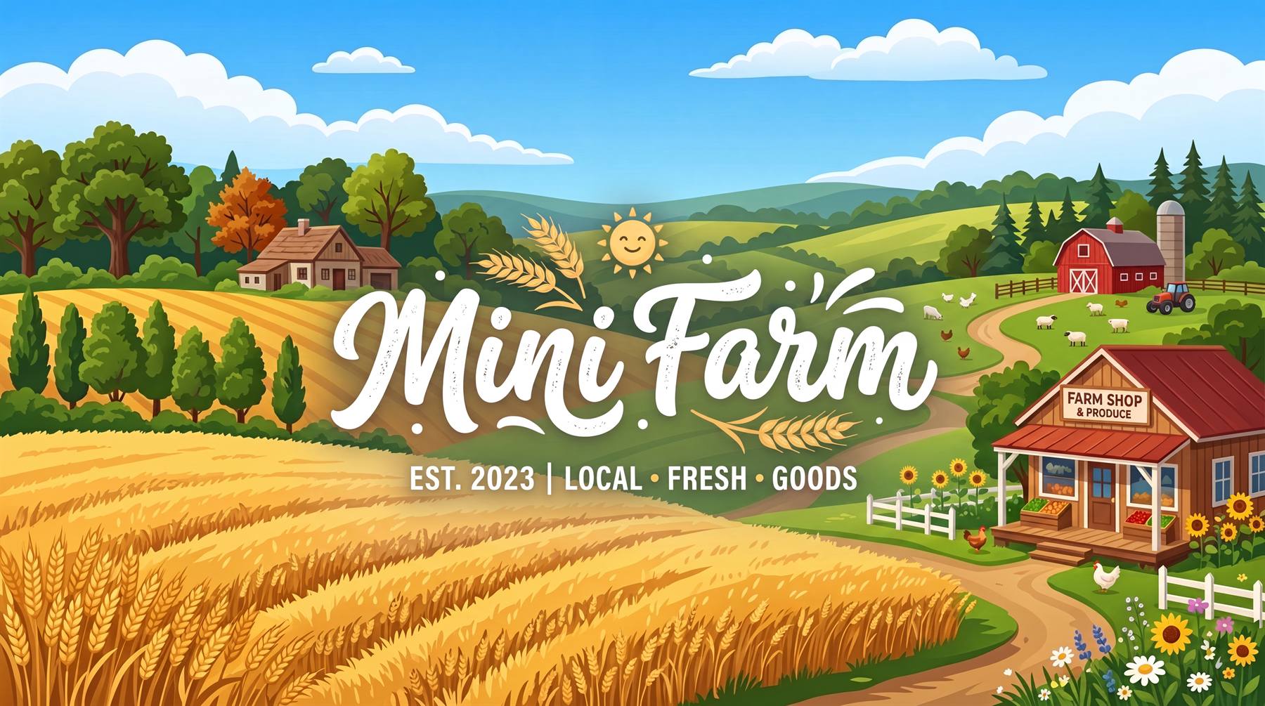 Mini Farm key art: wheat fields, a red barn, grazing sheep and a farm shop beneath a bright sky