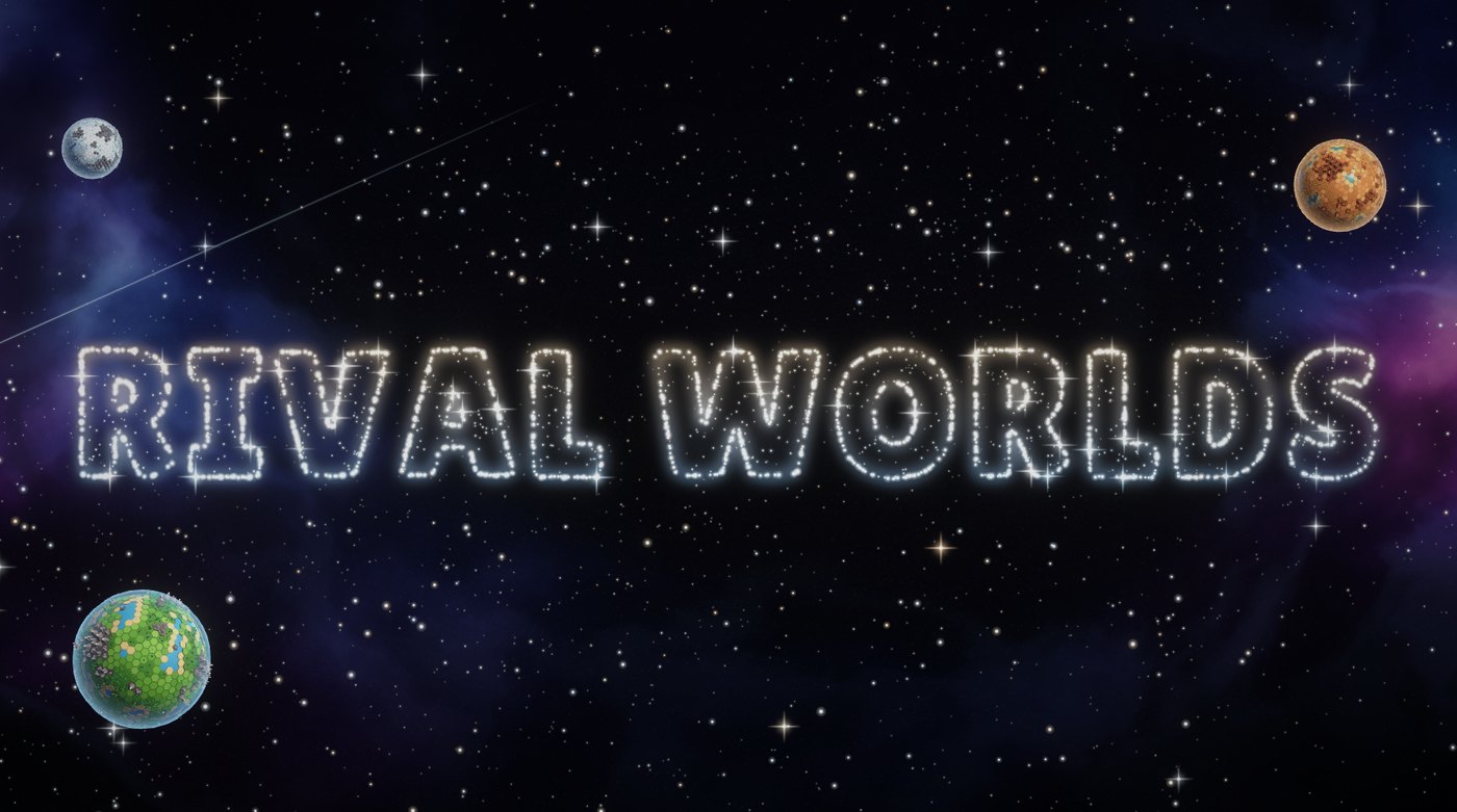 Rival Worlds: the name written in stars, with hex-tiled planets in deep space