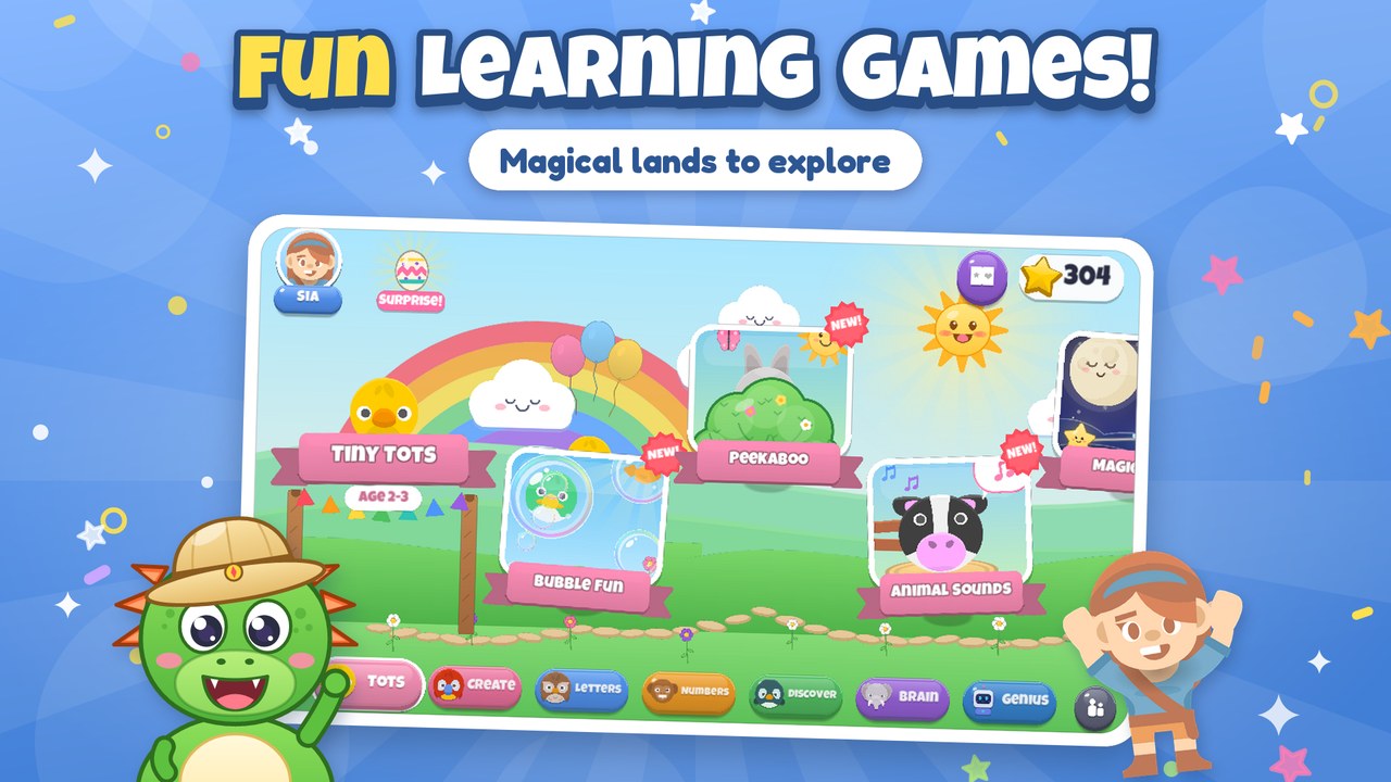 Store screenshot captioned “Fun learning games! Magical lands to explore”: the home map at the Tiny Tots gate with Bubble Fun, Peekaboo and Animal Sounds postcards, a rainbow, the seven land tabs and the star counter.