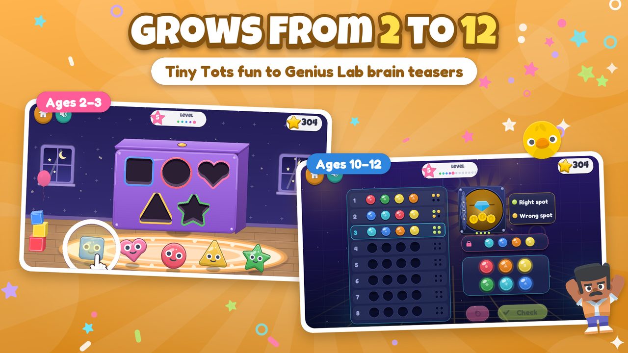 Store screenshot captioned “Grows from 2 to 12”: Shape Sorter, a purple toy box with shape holes, beside Code Breaker, a colour-peg logic puzzle on a dark lab screen.