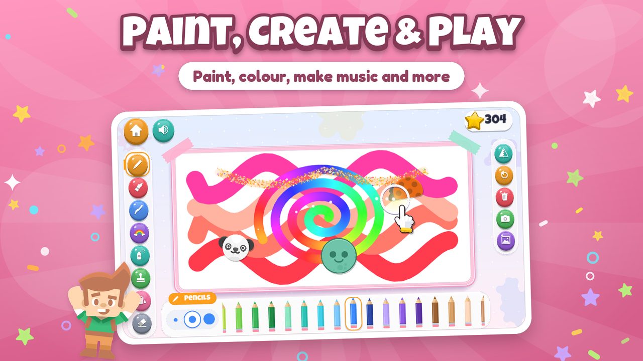 Store screenshot captioned “Paint, create and play”: Paint Studio with rainbow swirls on paper, a tool rail and a row of coloured pencils.