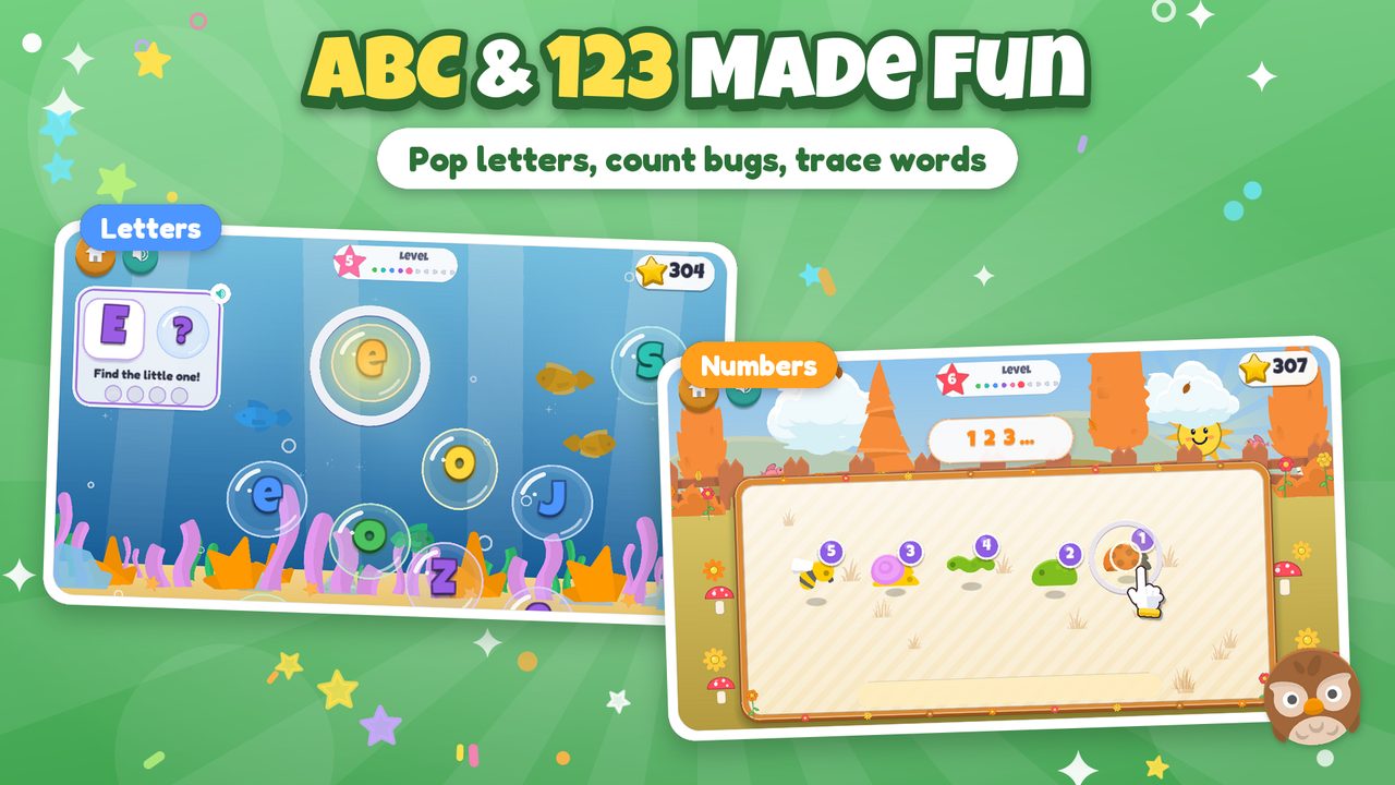 Store screenshot captioned “ABC and 123 made fun”: Bubble Pop ABC with letter bubbles under the sea, and Bug Garden with numbered bugs on a garden board.