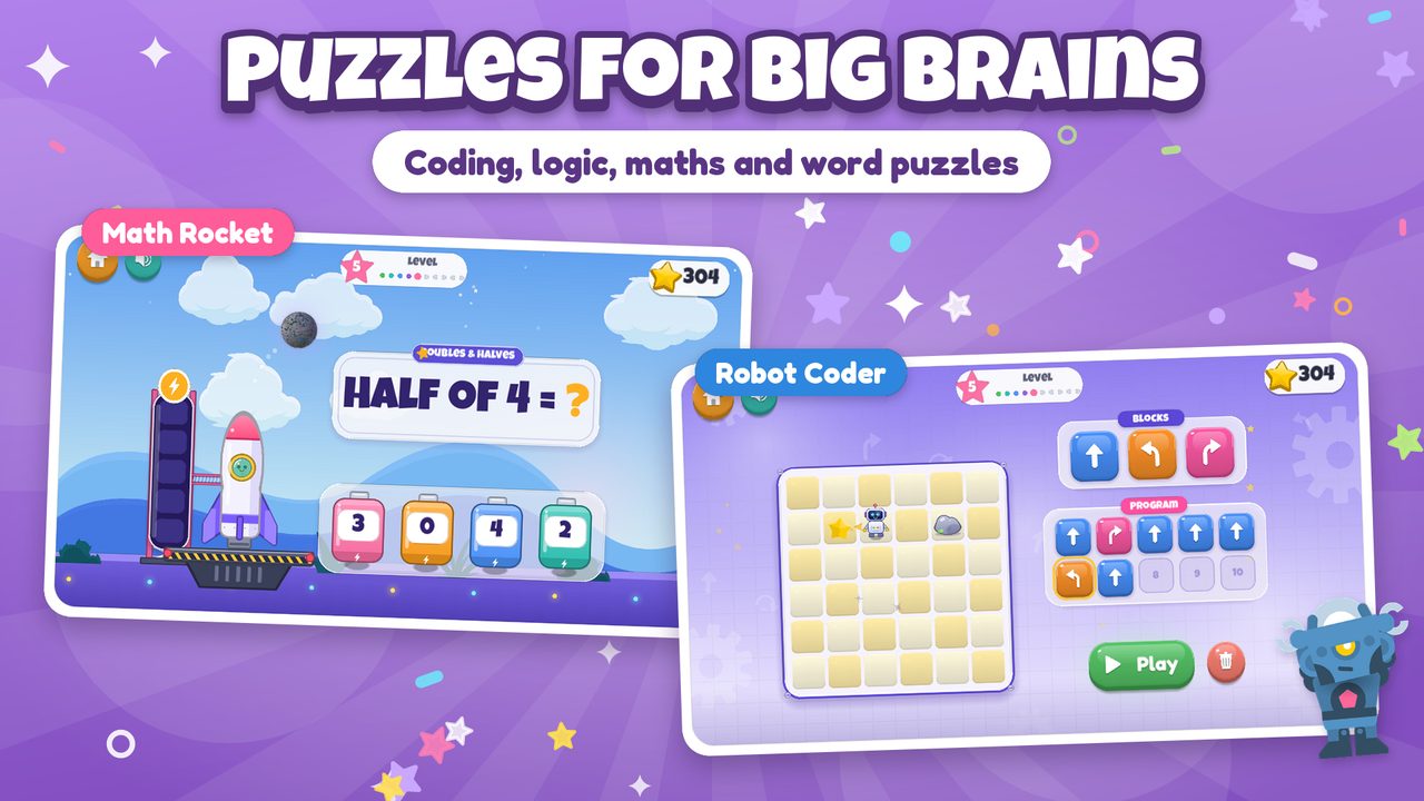 Store screenshot captioned “Puzzles for big brains”: Math Rocket asking “Half of 4 = ?” with number fuel cells, and Robot Coder with command blocks and a grid.