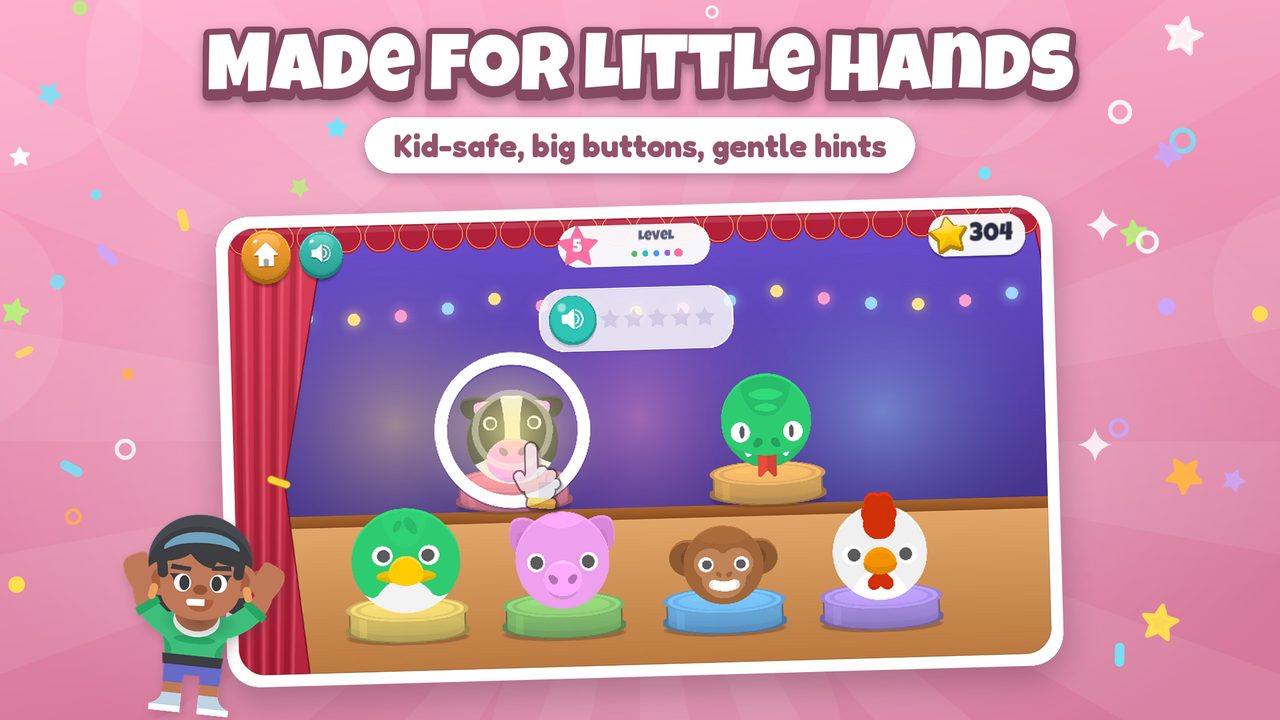 Store screenshot captioned “Made for little hands”: Animal Sounds on a theatre stage with a duck, pig, monkey, chicken and cow on pedestals and a pointing hand.